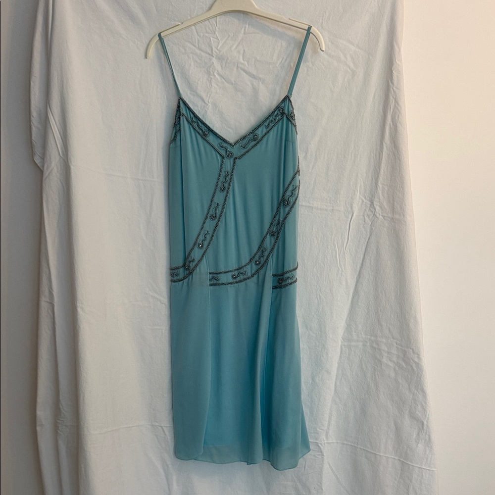 Betsey Johnson Teal Slip Dress with Black Beaded Trim
